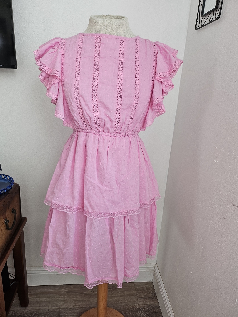 Japna Pink Ruffle Tiered Lace Crochet Cotton Midi Dress. cottagecore.